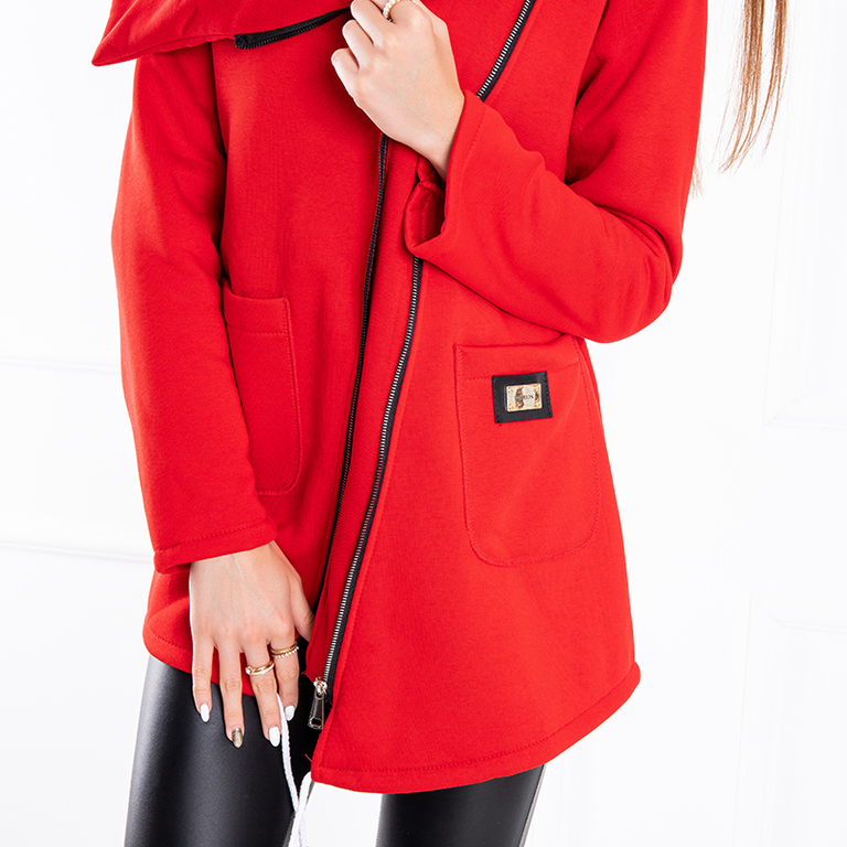 Red women's warm coat with an asymmetric zipper - Clothing