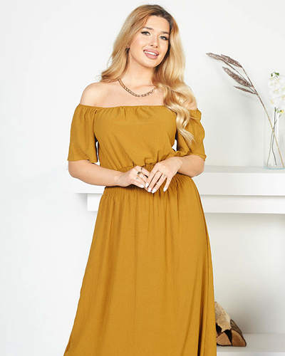 Mustard midi dress with an elastic waistband - Clothing