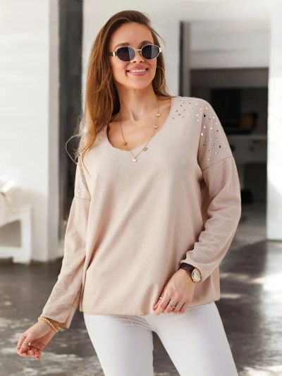 Royalfashion Women's thin viscose sweater with rhinestones on the shoulders