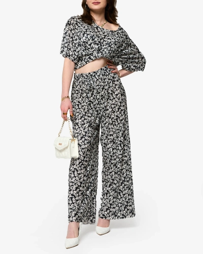 Sieviešu melns ziedu plisēts komplekts - Apģērbs