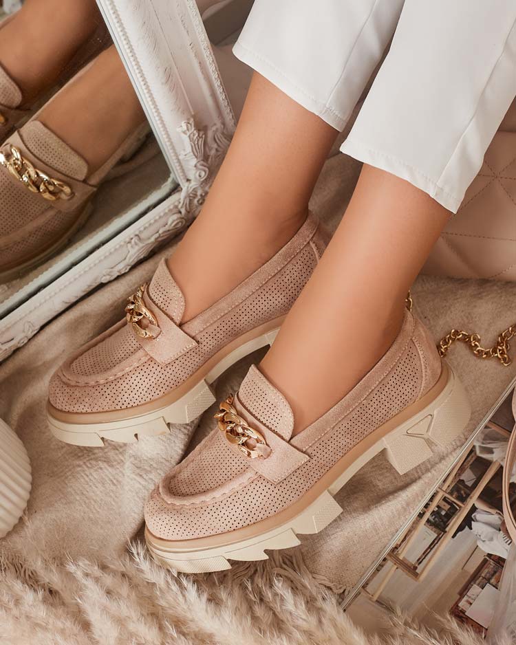 Eco-suede moccasins with gold decoration in light brown Zaffix- Footwear