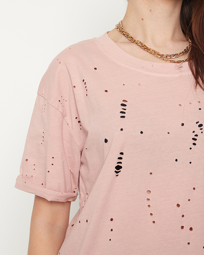 Kokvilnas sieviešu t-krekls ar dekoratīviem caurumiem pasteļrozā krāsā - Apģērbs