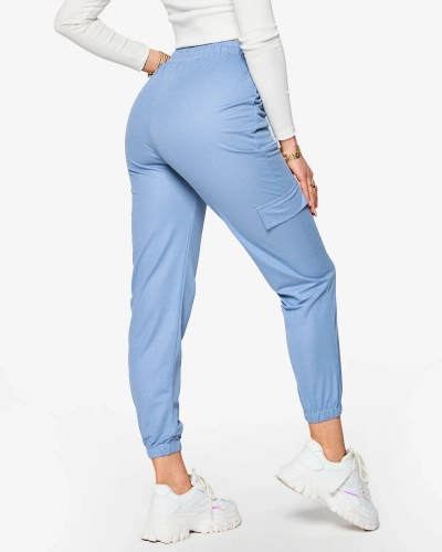 Blue women's fabric combat pants with inscriptions - Clothing