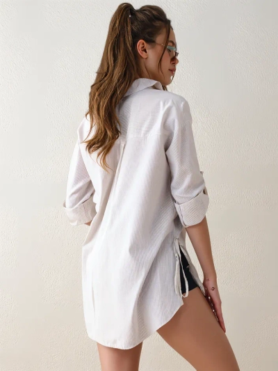 Royalfashion Longer women's striped cotton shirt with a tie at the waist