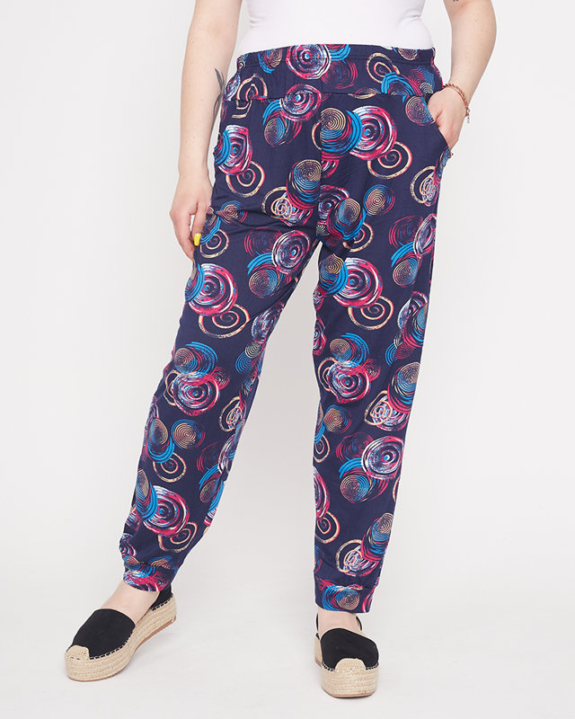 Navy blue and pink patterned women's pants - Clothing
