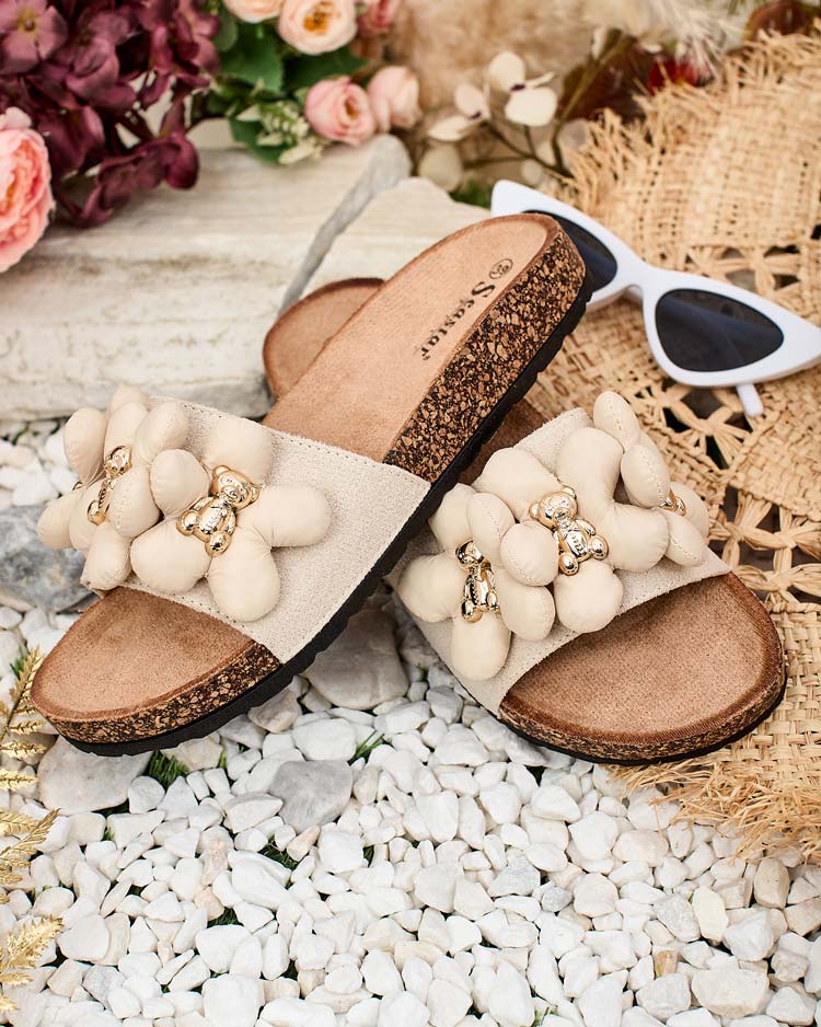 Royalfashion Women's flip-flops with gold teddy bears and flowers Isaralle
