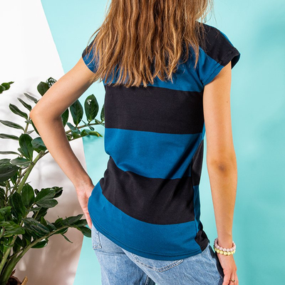 Black and blue women's striped t-shirt with a print - Clothing