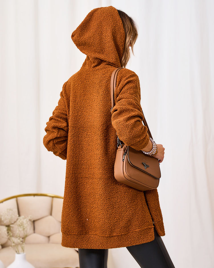 Royalfashion Camel long women's sweater with hood