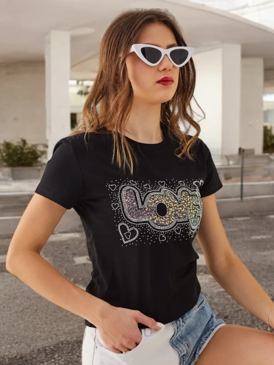 Royalfashion Kokvilnas Sieviešu T-krekls MĪLESTĪBA ar rhinestones