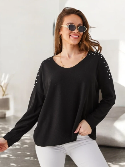 Royalfashion Women's thin viscose sweater with rhinestones on the shoulders
