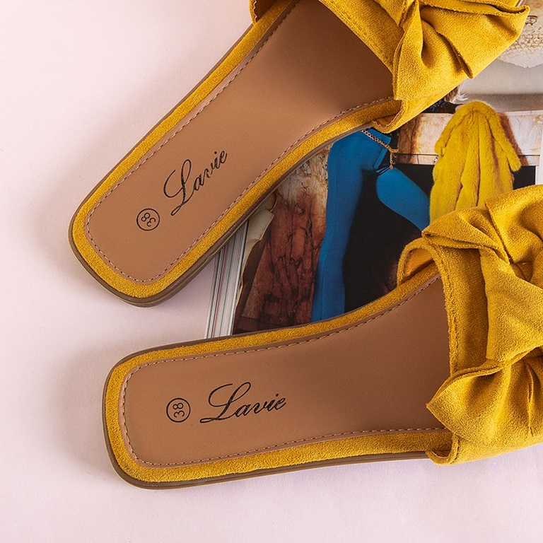 Yellow women's slippers with a Bonjour bow - Footwear