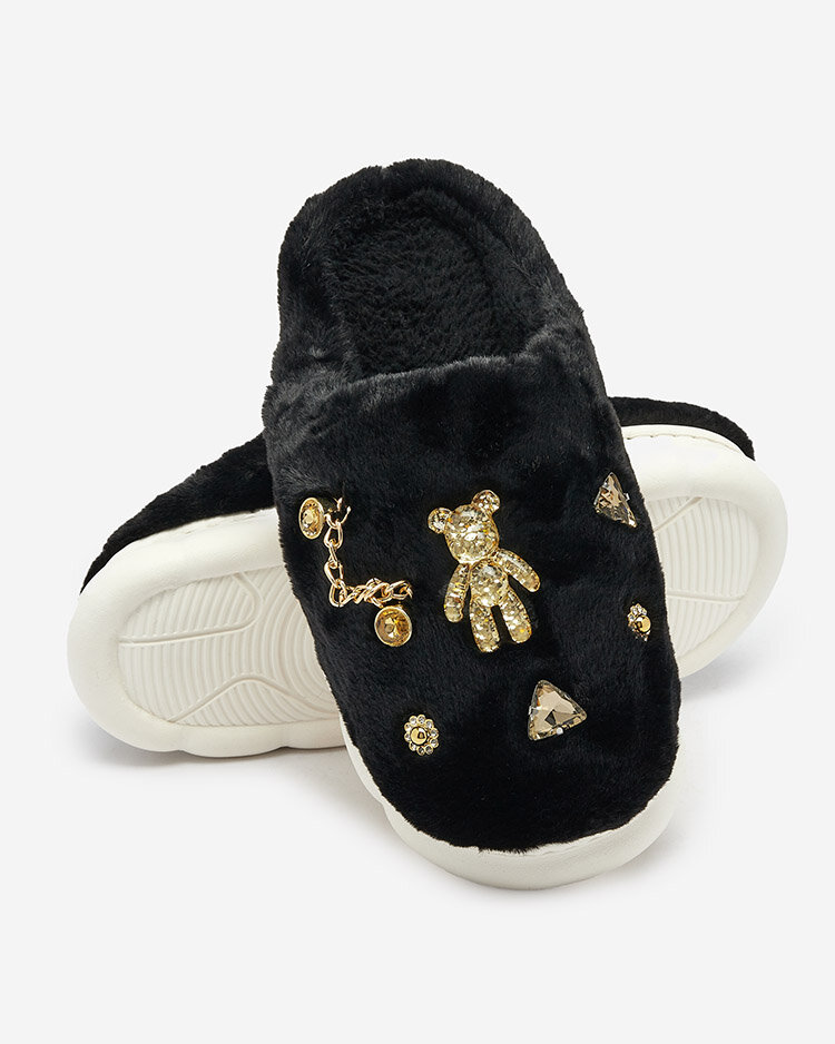 Royalfashion Черные женские меховые тапочки с орнаментом Erserra