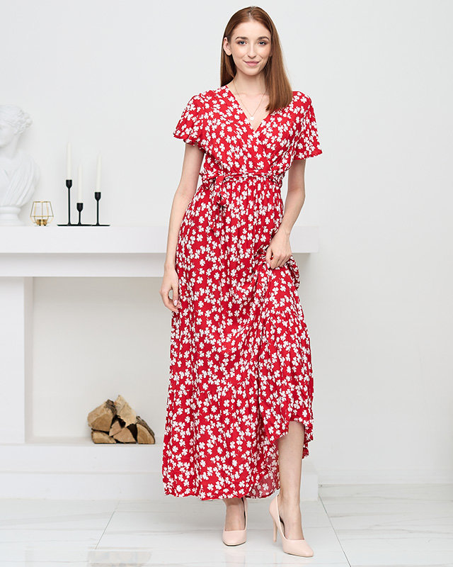 Women's red maxi dress with clovers - Clothing