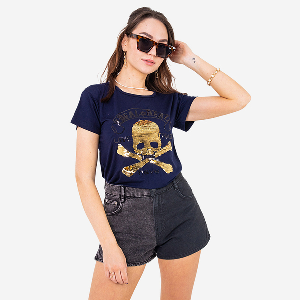 Navy blue women's sequin t-shirt with inscriptions - Clothing
