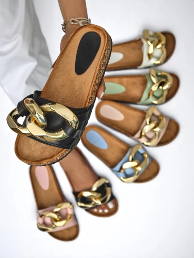 Ariadne Royalfashion summer slippers with a large gold chain, black leather