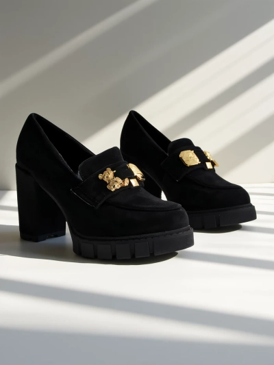 Потрясающие черные туфли на устойчивом каблуке из замши, элегантные и модные