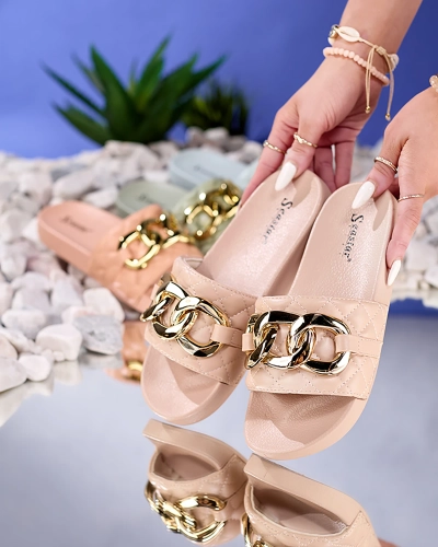 Sieviešu bēšas stepētas čības ar zelta ķēdīti Eteris - Apavi