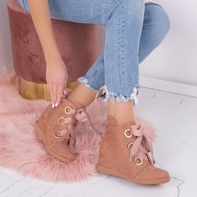 Różowe sneakersy na krytym koturnie wiązane wstążką Andi- Obuwie