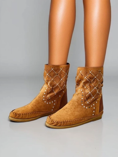 Royalfashion Sieviešu potītes botas ar zemu vieda un kniedēm Indijas stilā