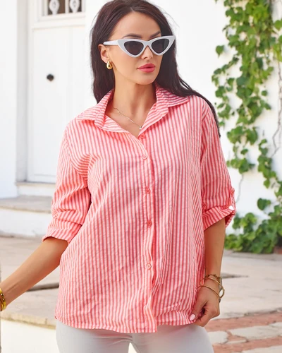 Royalfashion sieviešu svītrainā kokvilnas krekls ar saišu apakšā