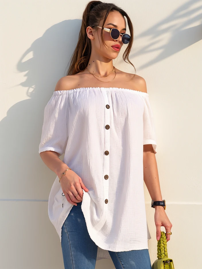 Royalfashion Women's cotton blouse a'la Spanish style with decorative buttons