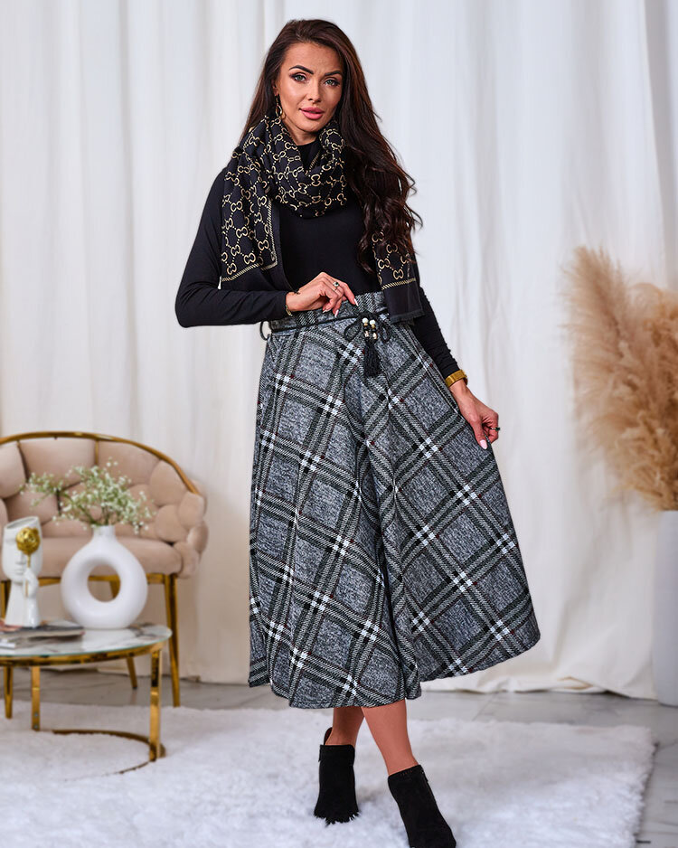 Royalfashion Women's gray and red long plaid skirt