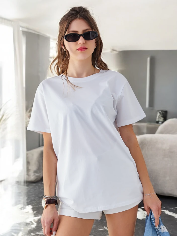 Royalfashion Sieviešu kokvilnas ikdienas T-krekls ar apaļu kaklu