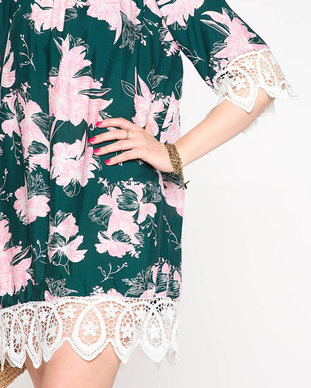 Dark green women's blouse with flowers PLUS SIZE - Clothing