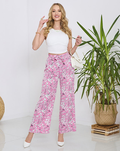 Women's pink palazzo pants with white flowers - Clothing