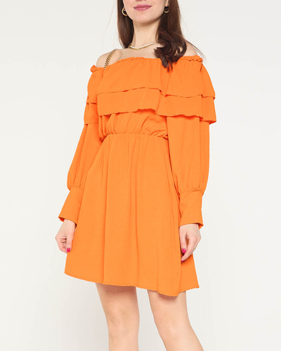 Women's Orange Short Dress with Ruffles- Clothing