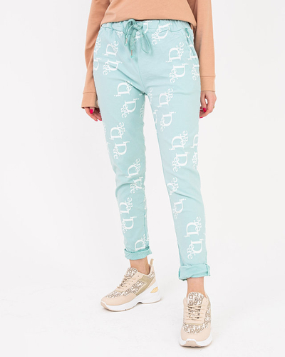 Mint fabric women's trousers with inscriptions - Clothing