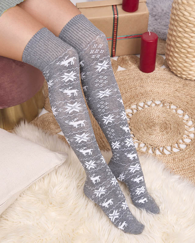 Women's Christmas over-the-knee socks in light gray- Underwear