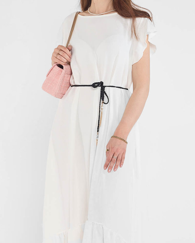 Women's white dress with frills and a tie belt at the waist - Clothing