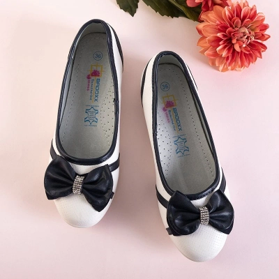 White and navy blue children's ballerinas with a Portia bow - Shoes