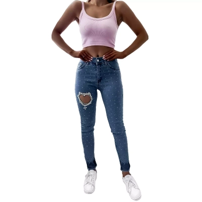 Blue women's jeans with zircons- Clothing