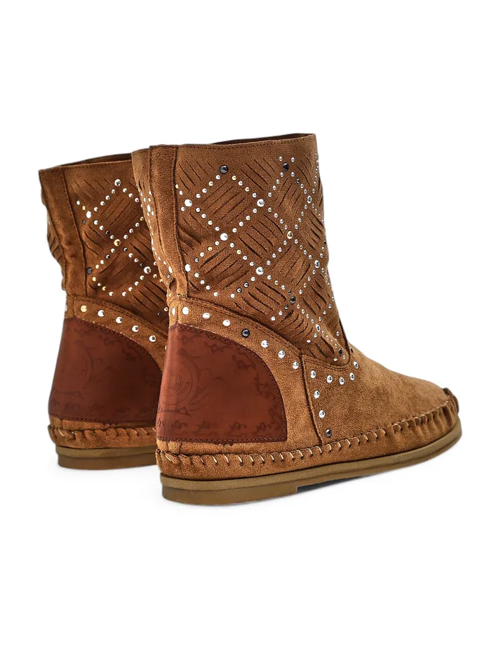 Royalfashion Women's ankle boots with low wedge and studs Indian Style