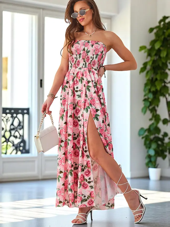 Royalfashion rakstainā bez piedurknēm midi kleita ar plašu elastīgu joslu un šķirtnēm apakšā