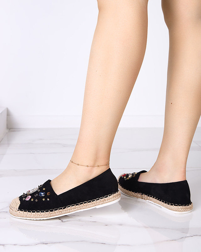 Black women's eco-suede espadrilles with cubic zirconias Mediros - Footwear