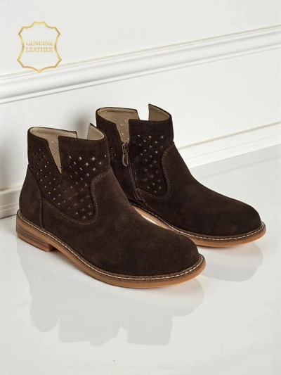 Ariadne ankle boots made of natural dark brown suede, flat 3 cm heels