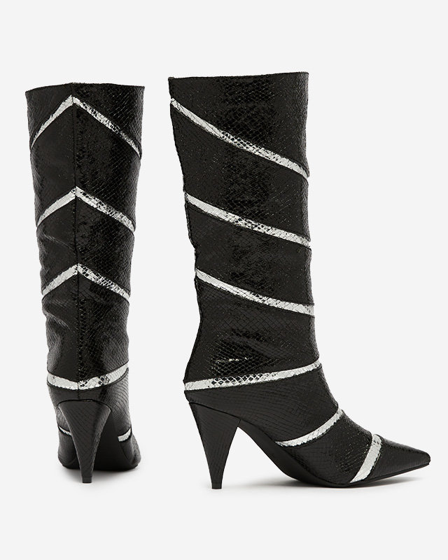 Черно-серебристые женские сапоги на шпильке с тиснеными полосками Felifea- Footwear