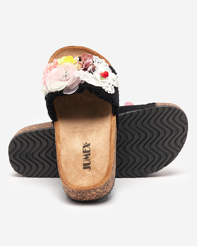 OUTLET Women's slippers with fabric flowers in black Ososi- Shoes