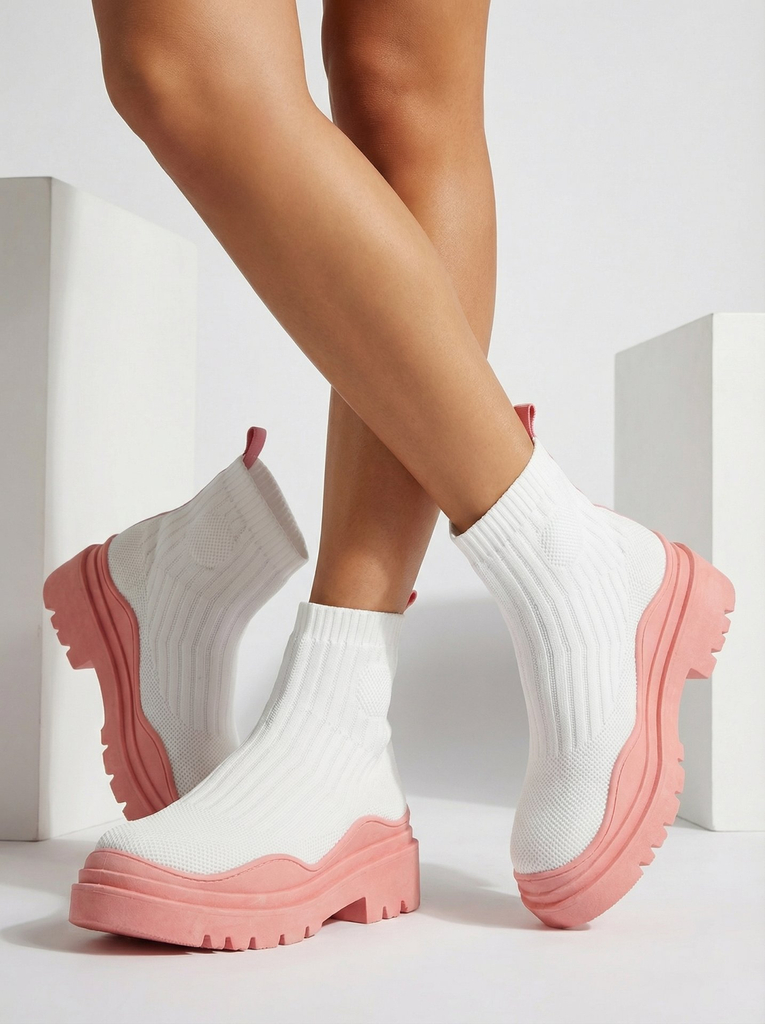 Sieviešu zābaki uz biezākas zoles baltā un rozā krāsā Korlic-Shoes