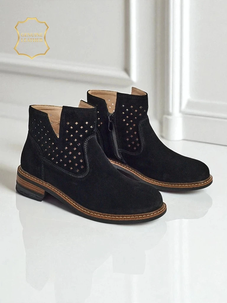 Aurelia Nero suede openwork women's ankle boots flat heel 3cm