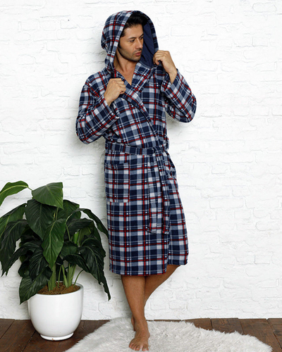 Men's blue checkered hooded robe - Clothing