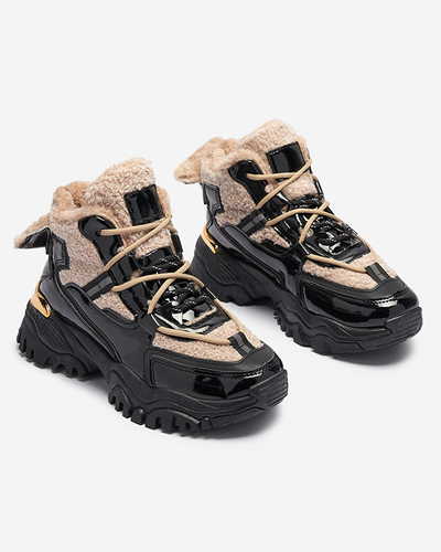 Melni sieviešu sporta apavi ar kažokādu un smilškrāsas mežģīnēm Adbo- Footwear