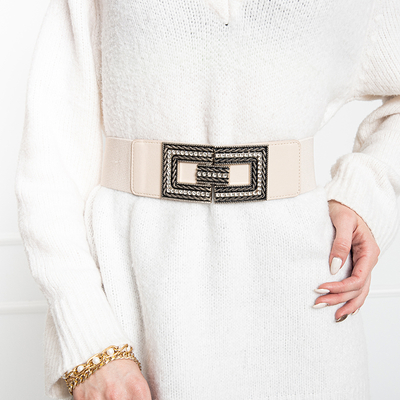 Ladies' beige elastic belt with a silver buckle with cubic zirconia - Accessories