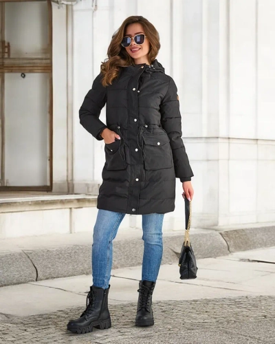 Black Women's Long Winter Jacket with Synthetic Insulation - Clothing