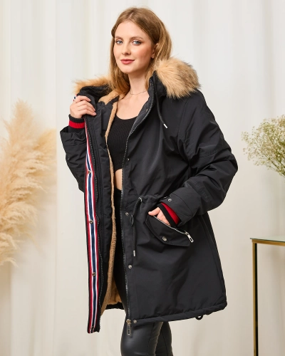 Ladies 'Black Winter Jacket with Elastic Waist - Clothing