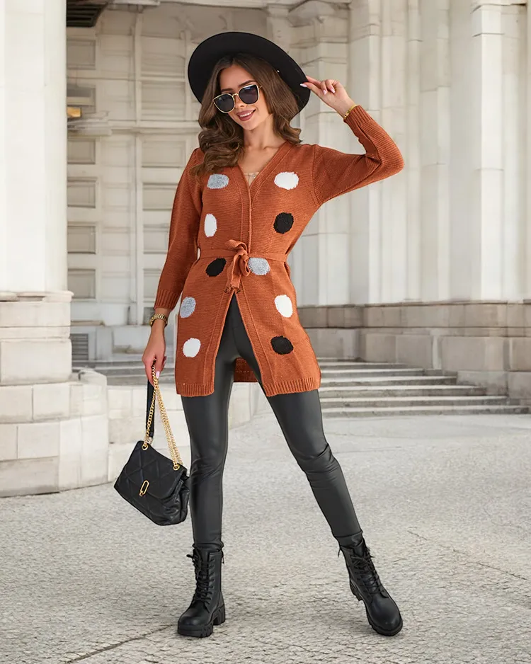 Ladies 'brown tied cardigan with colored circles - Clothing