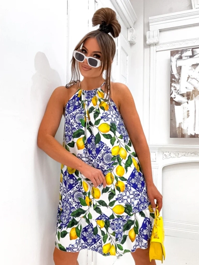 Royalfashion sieviešu mini kleita ar spageti siksniņām un vidukļa saiti ar trendīgiem citroniem